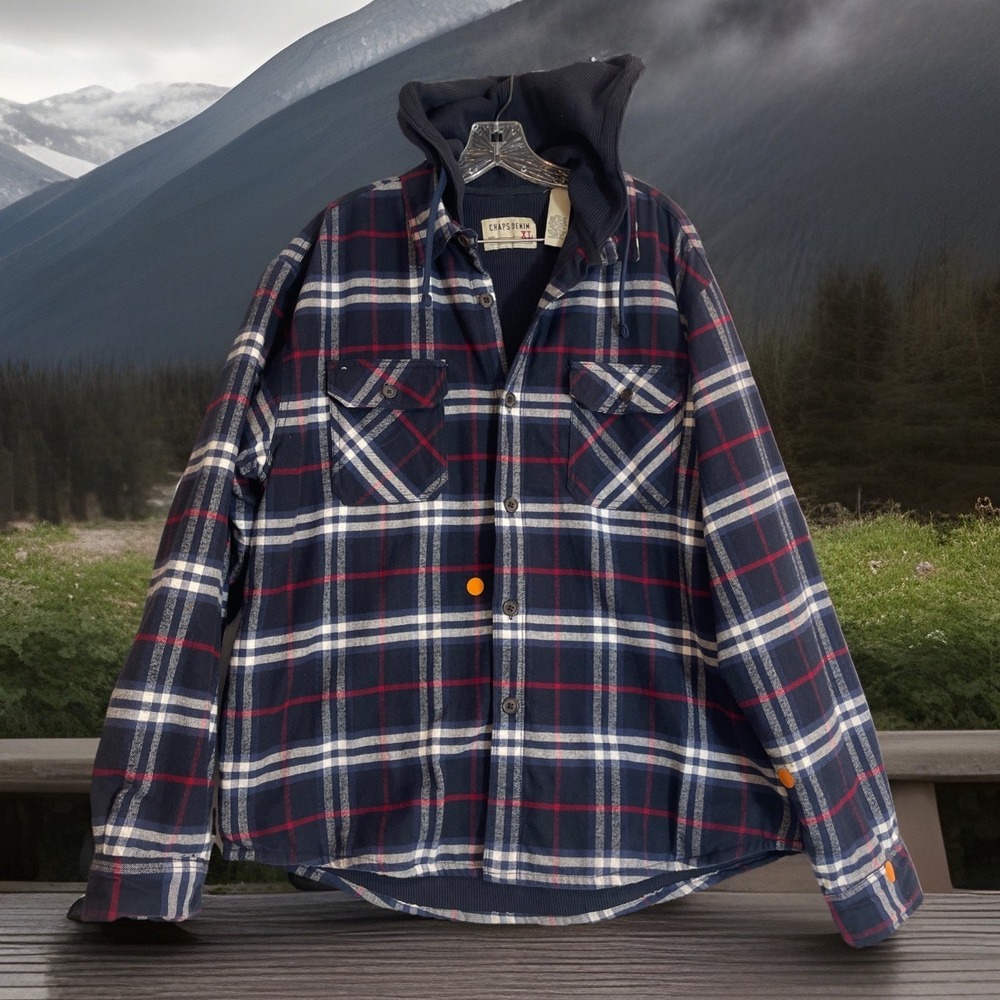 Vtg Chaps Blue Red Plaid L/S Shacket Men XL Waffle Knit Lined Hoodie Button READ
